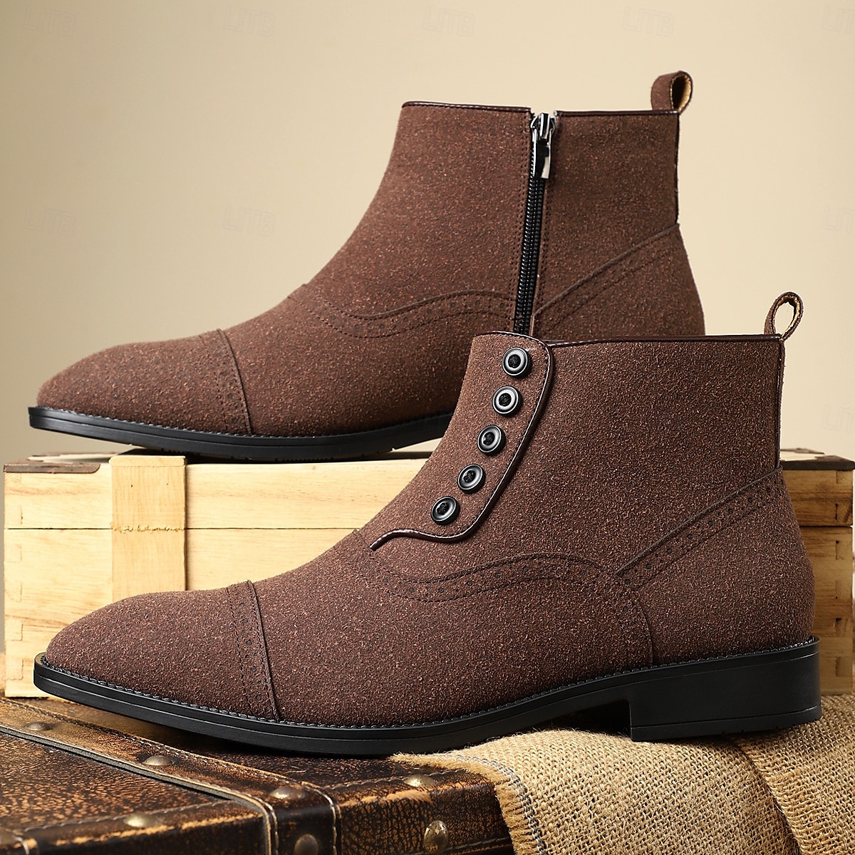 Men's Beige Lace-Up Ankle Boots with Round Toe and Classic Stitching, Vintage Business-Casual Footwear for Office, Urban Walking and Smart Daily Outfits 2025 - $46.99 –P17