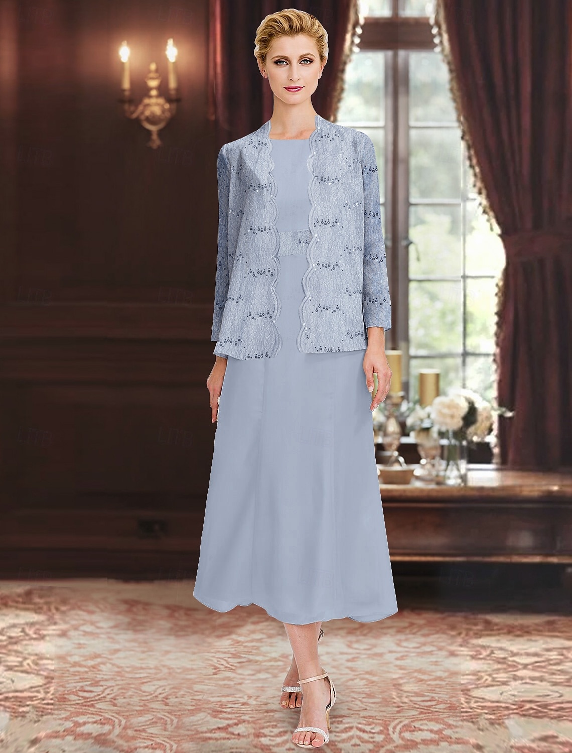 Paillettenspitze, zweiteiliges A-Linien-Kleid für die Brautmutter, elegant, schlicht, luxuriös, Chiffon, U-Boot-Ausschnitt, Midi-Länge, ärmellos, mit langärmliger Jacke 2025 2025 - $119.99 –P1