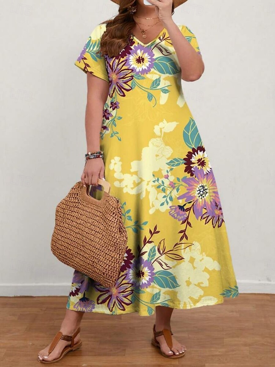 Damen Übergröße Freizeitkleid Ombre V Ausschnitt Kurzarm Sommer Frühling Mode Modern Lässig Maxikleid Ferien Wochenende Kleid 2025 - $28.99 –P8