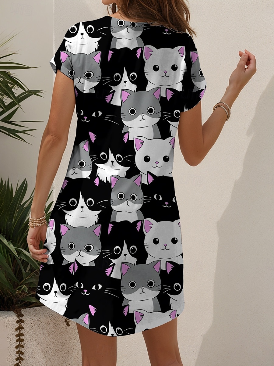 Damen Minikleid Freizeitkleid T-Shirt-Kleid A Linie Kleid Sommerkleid Urlaub Lässig Ferien Normale Passform Grafik Tiermotiv Katze Kurzarm Rundhalsausschnitt V Ausschnitt Schwarz und Weiß Gelb Rosa 2025 - $23.99 –P2