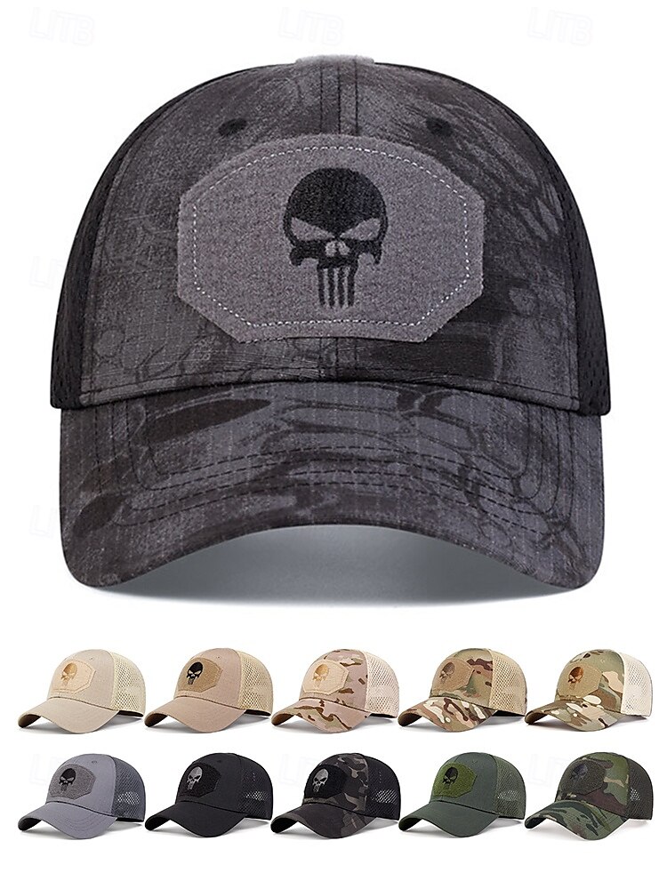 Taktische Baseballkappe mit Totenkopf-Stickerei für Herren – verstellbare Netzrückseite, Camouflage-Stil, lässige Outdoor-Sportmütze für Halloween-Partys und den Alltag 2025 - $11.99 –P4