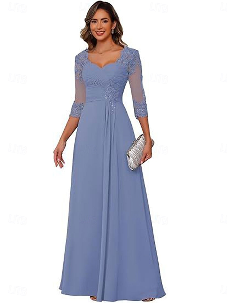 A-linje Kjole til brudens mor Elegant Enkel V-hals Gulvlengde Chiffon 3/4 ermer med Ensfarget 2025 2025 - $119.99 –P9