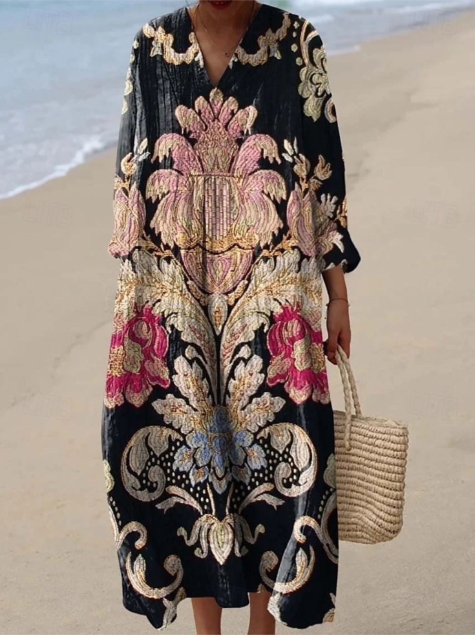 Femmes Robe maxi Robe d'Été Robe trapèze Vacances Occasionnel Sortir Coupe Ample Fleuri Graphique Paisley manche longue Col en V Bleu Ciel Bleu marine Noir Orange Été Printemps Automne de 2025 ? $35.99 –P6