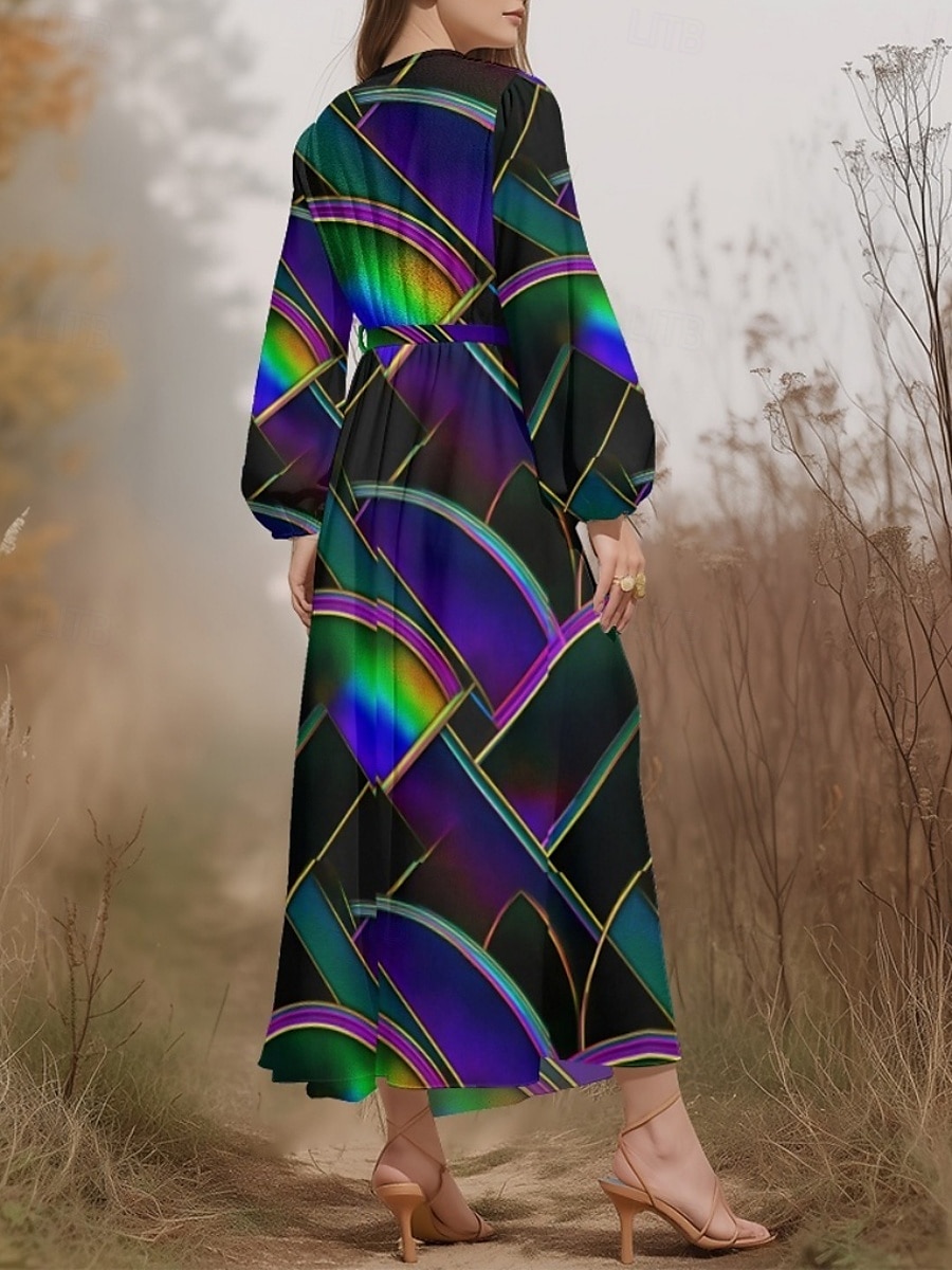 Damen Midikleid Freizeitkleid Chiffon Schwingkleid Modern Urlaub Täglich Wochenende Normale Passform Geometrisch Langarm V Ausschnitt Blau Dunkelgrün Purpur Grün Sommer Frühling Herbst 2025 - $31.99 –P6