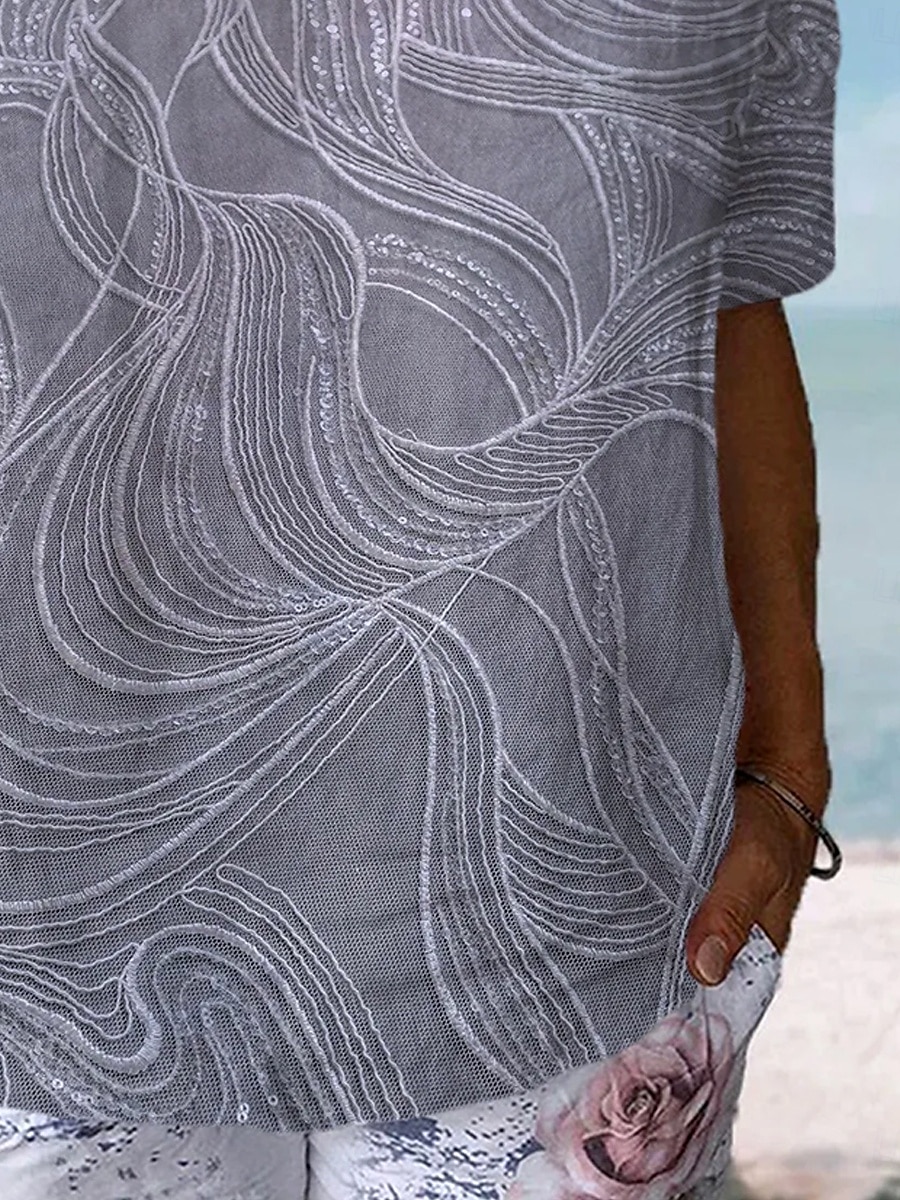 Femmes Chemise Graphique Géométrique Rayé Élégant Classique Occasionnel Manche Courte Col en V Hauts Réguliers Quotidien Tenue de plage Vêtements de vacances Imprimé Bleu Gris Été Printemps de 2025 ? $21.99 –P6