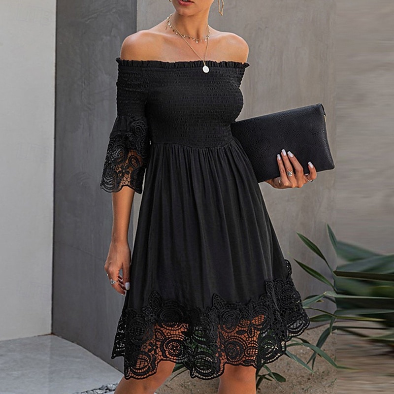 Damen Minikleid Freizeitkleid Sommerkleid Mode Modern Täglich Strand Wochenende Normale Passform Einfach Langarm Schulterfrei Schwarz Sommer 2025 - $26.99 –P2
