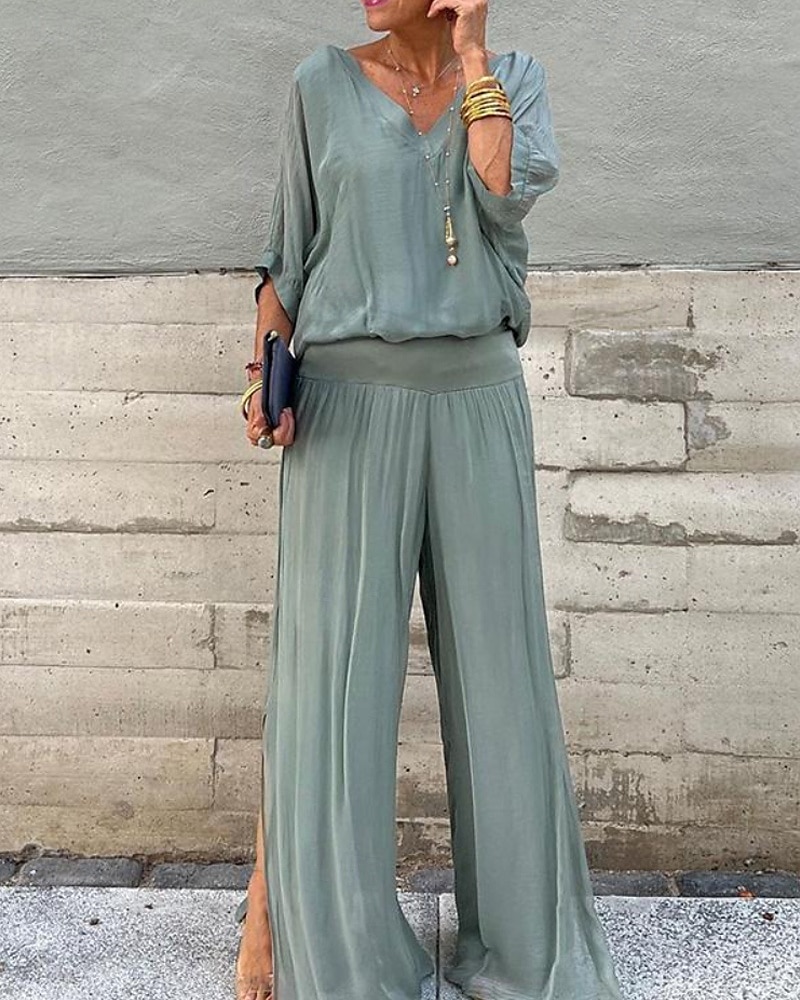 Mujer Activo Moda Blusa Conjuntos de pantalones Media Manga Escote en Pico Color sólido muslo partido Espalda al Aire Festivos Noche Negro Blanco Verde Claro Otoño Ajuste regular 2025 - $27.99 –P7