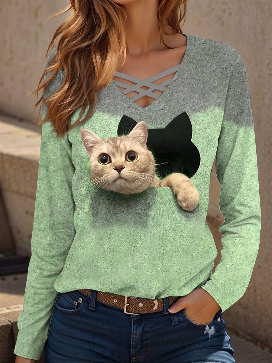 2025年 女性用 Tシャツ グラフィック 動物 猫 ヴィンテージ スタイリッシュ クラシック 長袖 Ｖネック レギュラートップス 日常 切り抜き プリント ブルー パープル グリーン カーキ色 春 秋  コレクション – $22.99 –P4