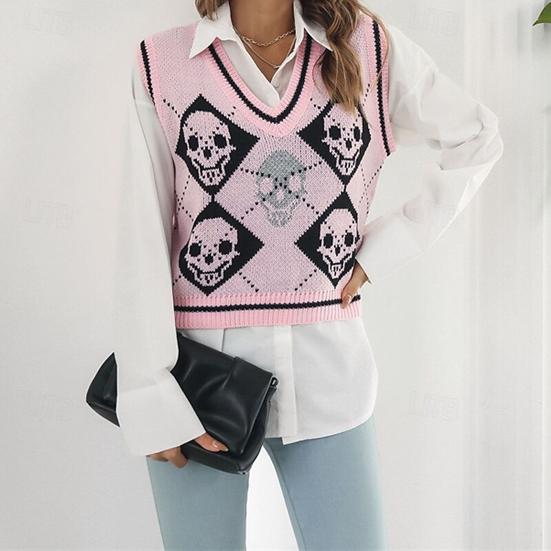 Damen Pullunder Pullover Lässig Skelett Grobstrick V Ausschnitt Gestrickt Ärmellos Normale Oberteile Stricken Halloween Täglich Ferien Schwarz Rosa Herbst Winter 2025 - €16.55 –P3