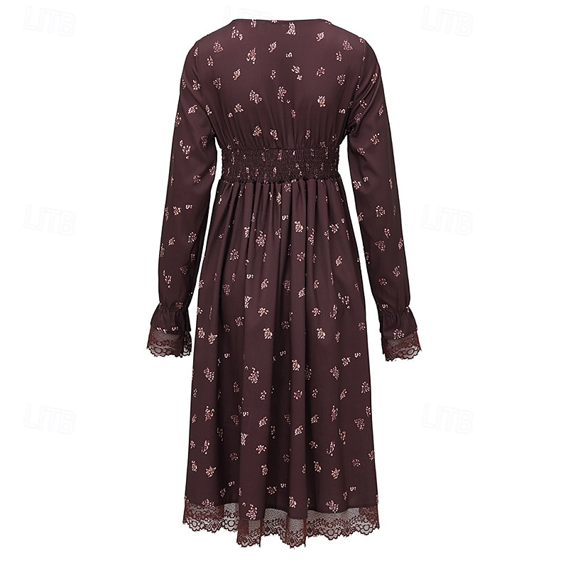 Damen Midikleid Blumenkleid Boho-Kleid Westernkleid Mode Modern Urlaub Ferien Ausgehen Normale Passform Blume Langarm V Ausschnitt Braun Sommer 2025 - $31.99 –P5