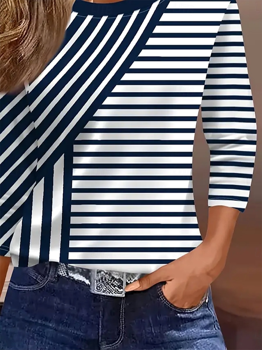 Pâques Femmes T-shirt Graphique Géométrique Rayé ancien Mode Élégant manche longue Col ras du cou Col rond Hauts Réguliers Quotidien Imprimé bleu marine Été Printemps Automne de 2025 ? $22.99 –P3