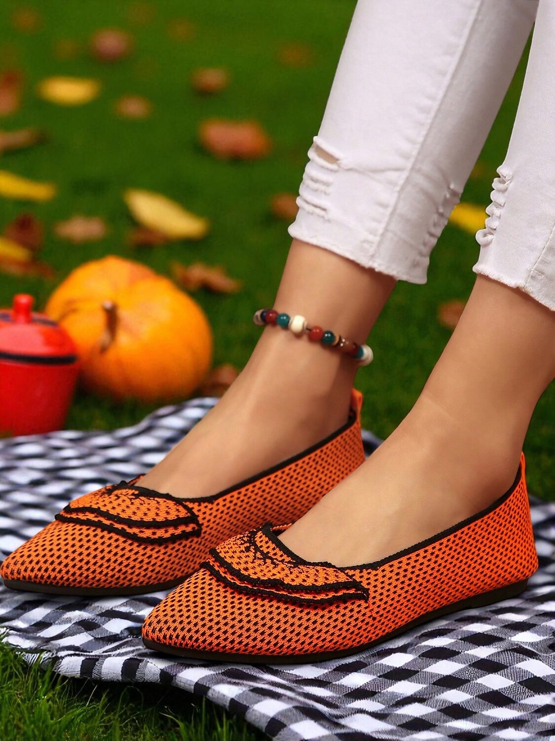 Orangefarbene Flyknit-Ballerinas für Damen – atmungsaktive Slipper mit spitzer Spitze und schwarzem Besatz für Halloween-Partys, Herbstpicknicks und den lässigen Alltag 2025 - $19.99 –P4