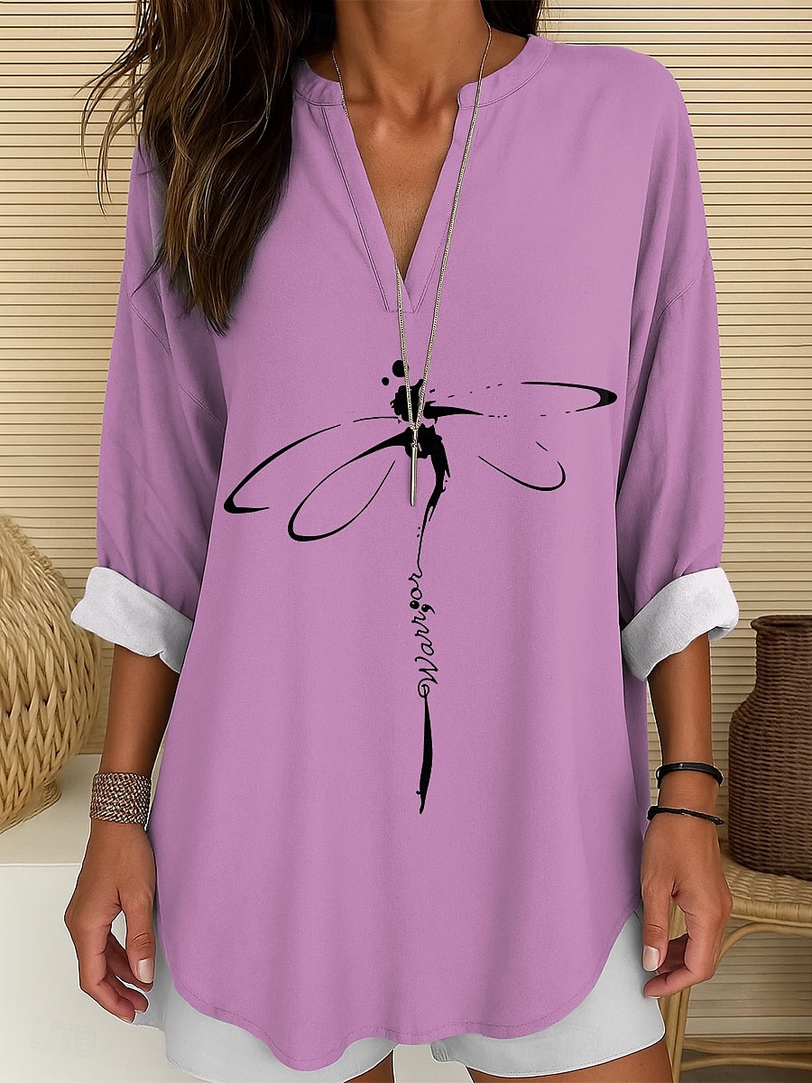 Femmes Chemisier Graphique Animal Libellule ancien Tropical Hawaïen manche longue Col en V Hauts Réguliers Quotidien Fête Tenue de plage Imprimé Blanche Bleu Violet Vert Été Printemps de 2025 ? $24.99 –P2