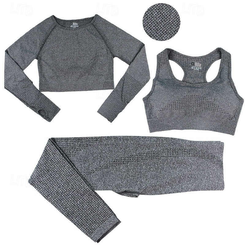 Mulheres Macacão de ioga com franzido Moletom de ioga Trajes de lazer Outono Côr Sólida Conjuntos Cinzento Escuro Preto Treino de Ginástica Cintura Alta Esticar Respirável Manga Longa Esporte Roupas de 2025 por $46.99 –P13