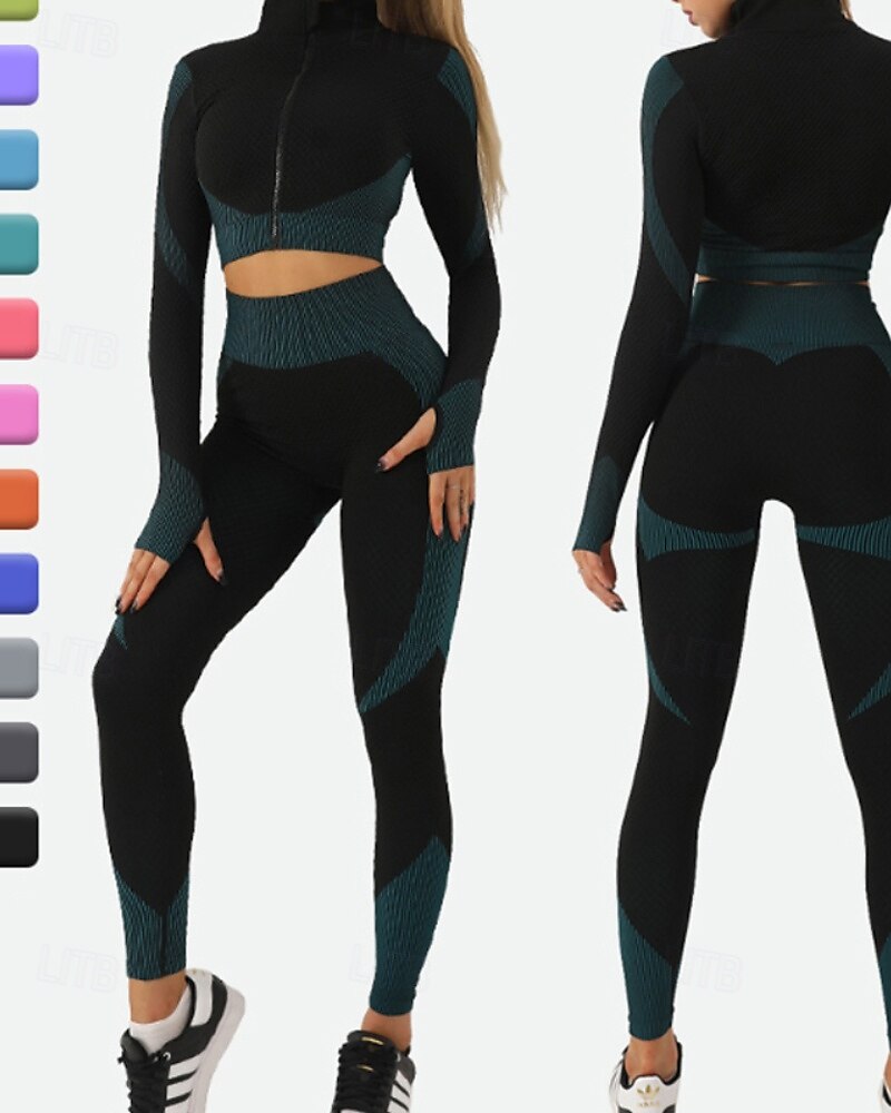 Mujer 2 Piezas Conjunto deportivo de yoga Conjuntos para estar en casa Otoño Retazos Bloque de color Trajes de Yoga Ejercito verde Negro Entrenamiento de gimnasio Alta cintura Secado rápido Eslático 2025 - $35.99 –P1