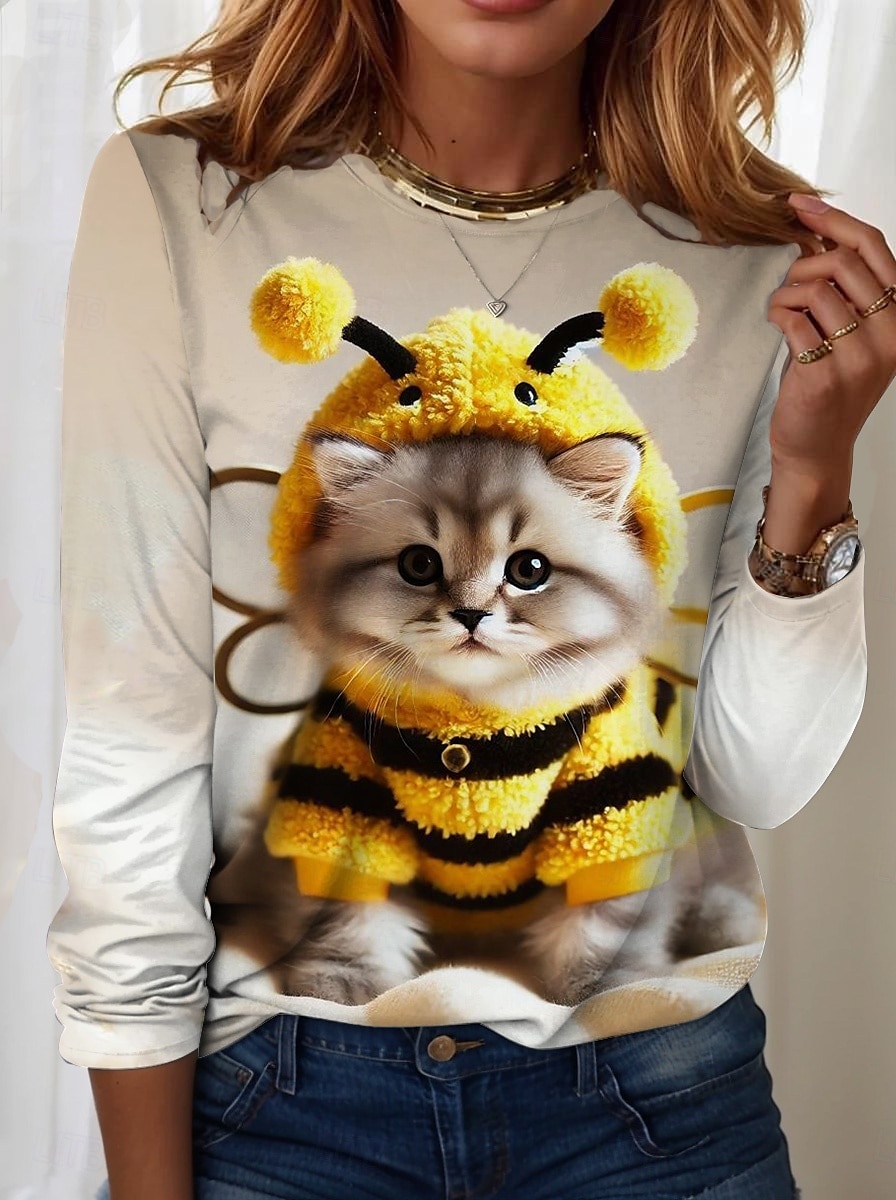 Femmes T-shirt Fleuri Graphique Chat ancien Élégant Classique manche longue Col ras du cou Col rond Hauts Réguliers Quotidien Week-end Imprimé Jaune Bleu Kaki Printemps Automne de 2025 ? $22.99 –P3