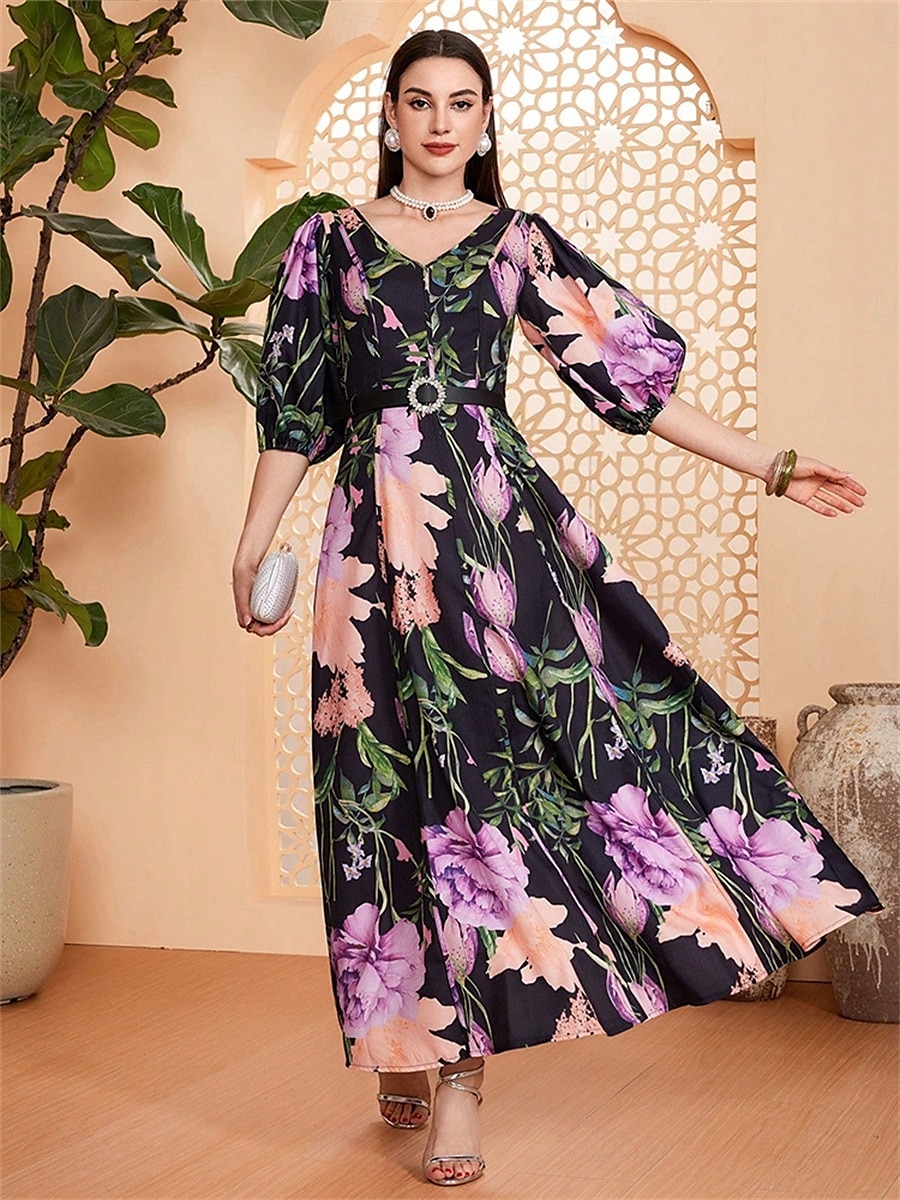 Linea ad A Abito da cerimonia per signora Elegante Scollo a V Lunghezza al pavimento Chiffon Mezza Manica con Fascia / Nastro Pieghe Fiore 2025 del 2025 a $119.99 –P4