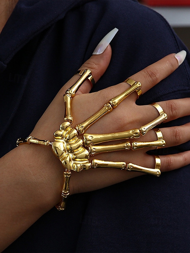 Bracciale da donna in lega di Halloween con scheletro a forma di mano – anelli regolabili in stile punk gotico per feste e cosplay del 2025 a $11.99 –P1