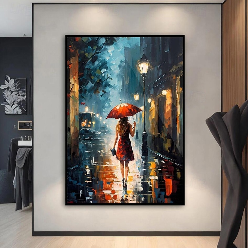 Lienzo pintado a mano de una chica en una ciudad lluviosa, con una chica en la calle bajo un paraguas y una lluvia, decoración abstracta, pared de una chica en la ciudad de Nueva York, arte de pared 2025 - $170.99 –P3