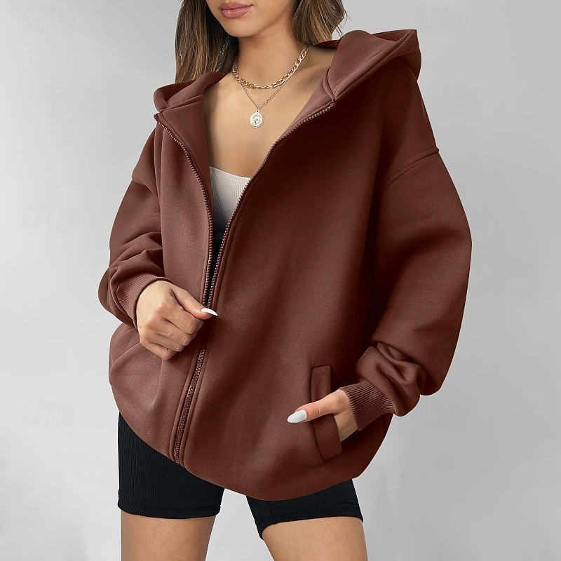 Dames Hoodies met rits Effen Casual Lange mouw Capuchon Normale tops Straat Feestdagen Uitgaan Vetoketju Zak blauw Bruin Licht Grijs Herfst Winter 2025 - $25.99 –P6