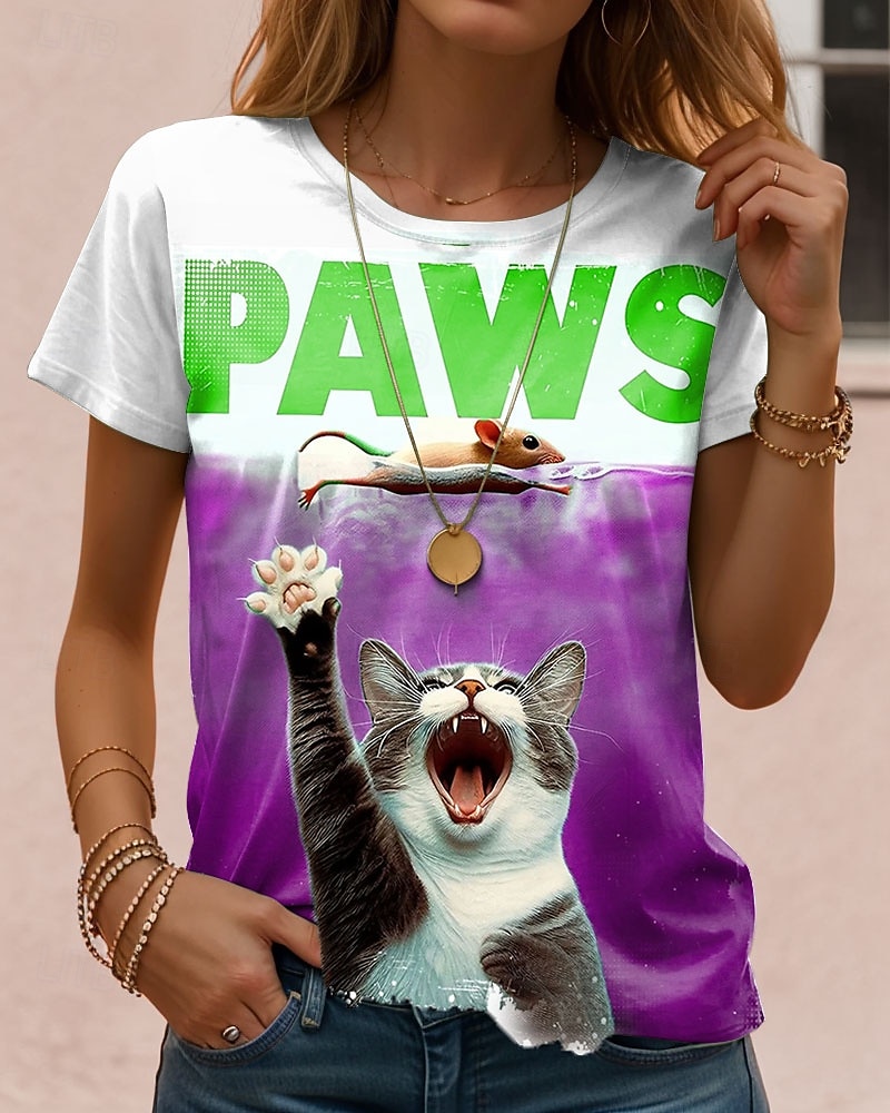 Women's T Shirt Graphic Cat Letter Vintage Stylish Classic Short Sleeve Crew Neck Regular Tops Daily Weekend Print Blue Purple Green Khaki Summer Spring 2025 - $19.99 –P3