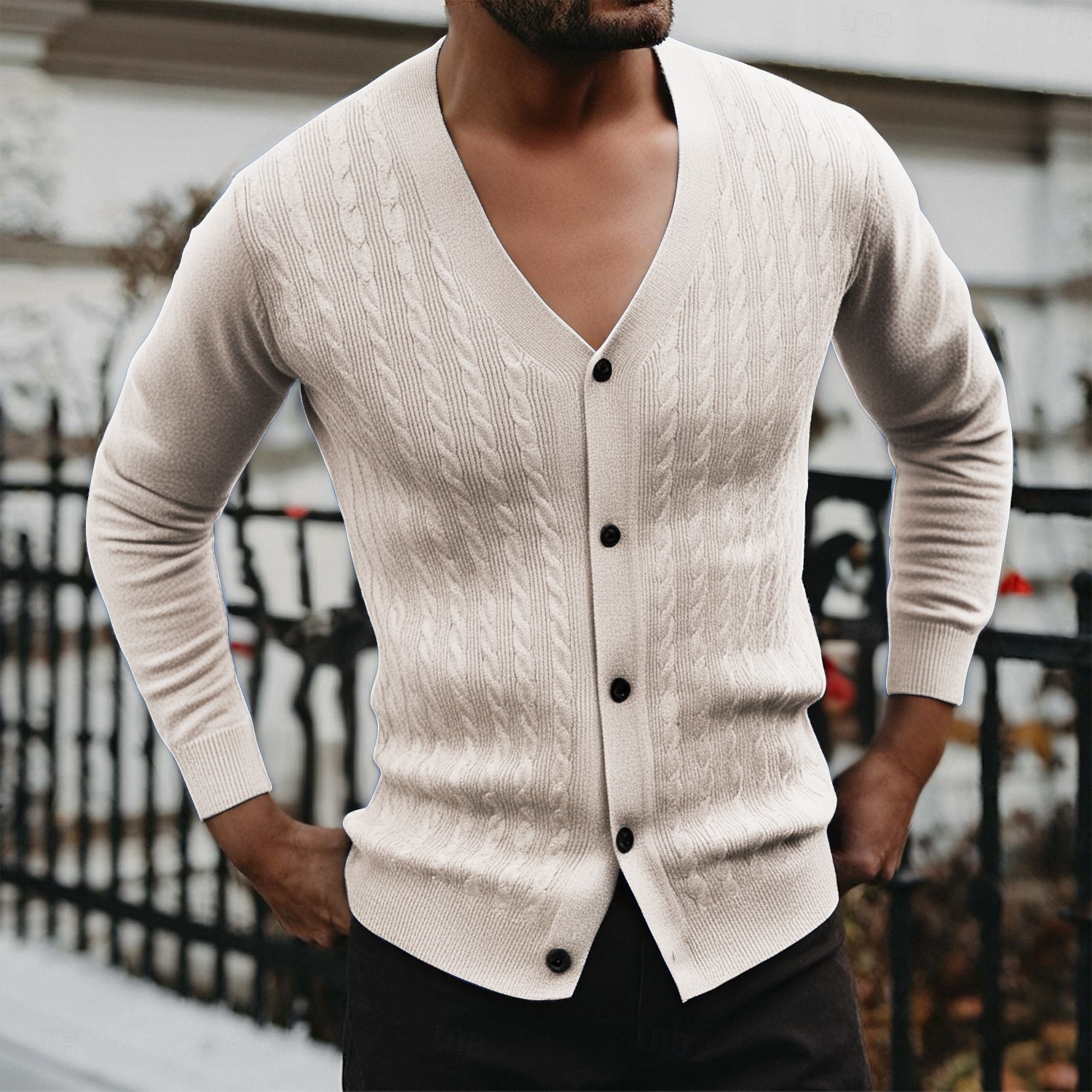 Herren Strickjacke Kurzer Cardigan-Pullover Verkürzter Pullover Gerippt Zopfmuster Stricken Abgeschnitten Gestrickt Basic Einfarbig V Ausschnitt Alltagskleidung Familientreffen Bekleidung Herbst 2025 - $23.99 –P3
