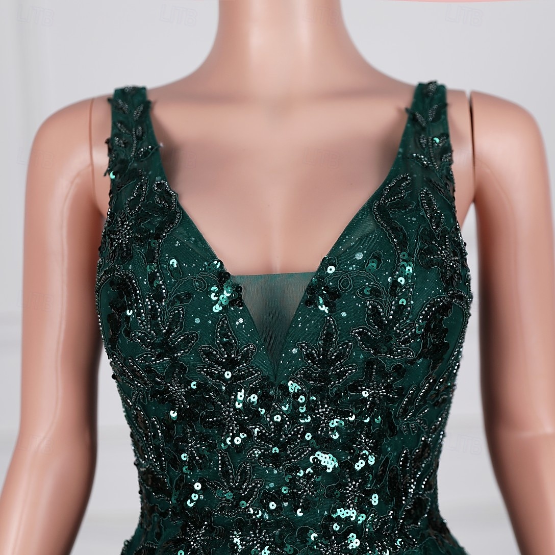 Abito da sera a sirena  tromba Elegante abito cocktail per il rientro a casa con strascico  traino spazzola senza maniche colletto a V in pizzo con applicazioni di paillettes del 2025 a $134.99 –P3