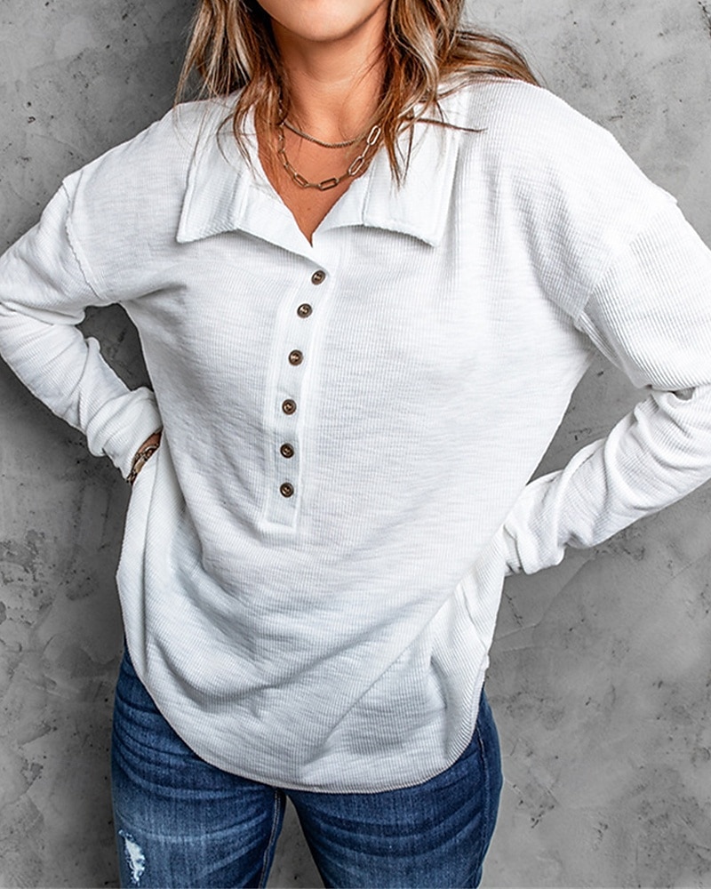 Femmes Pull Uni Streetwear Occasionnel Confortable manche longue Col en V Hauts Réguliers Rue Fête Sortir Boutons Quart de zip Noir Blanche Gris Automne de 2025 ? $23.99 –P2