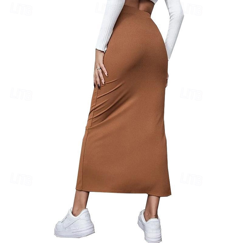 Dames Rok Casual Maxi Medium taille Rokken Effen Gespleten punten Micro-elastisch Vakantie Straat Zwart Rood Licht Bruin Bruin Zomer Polyester 2025 - $17.99 –P19