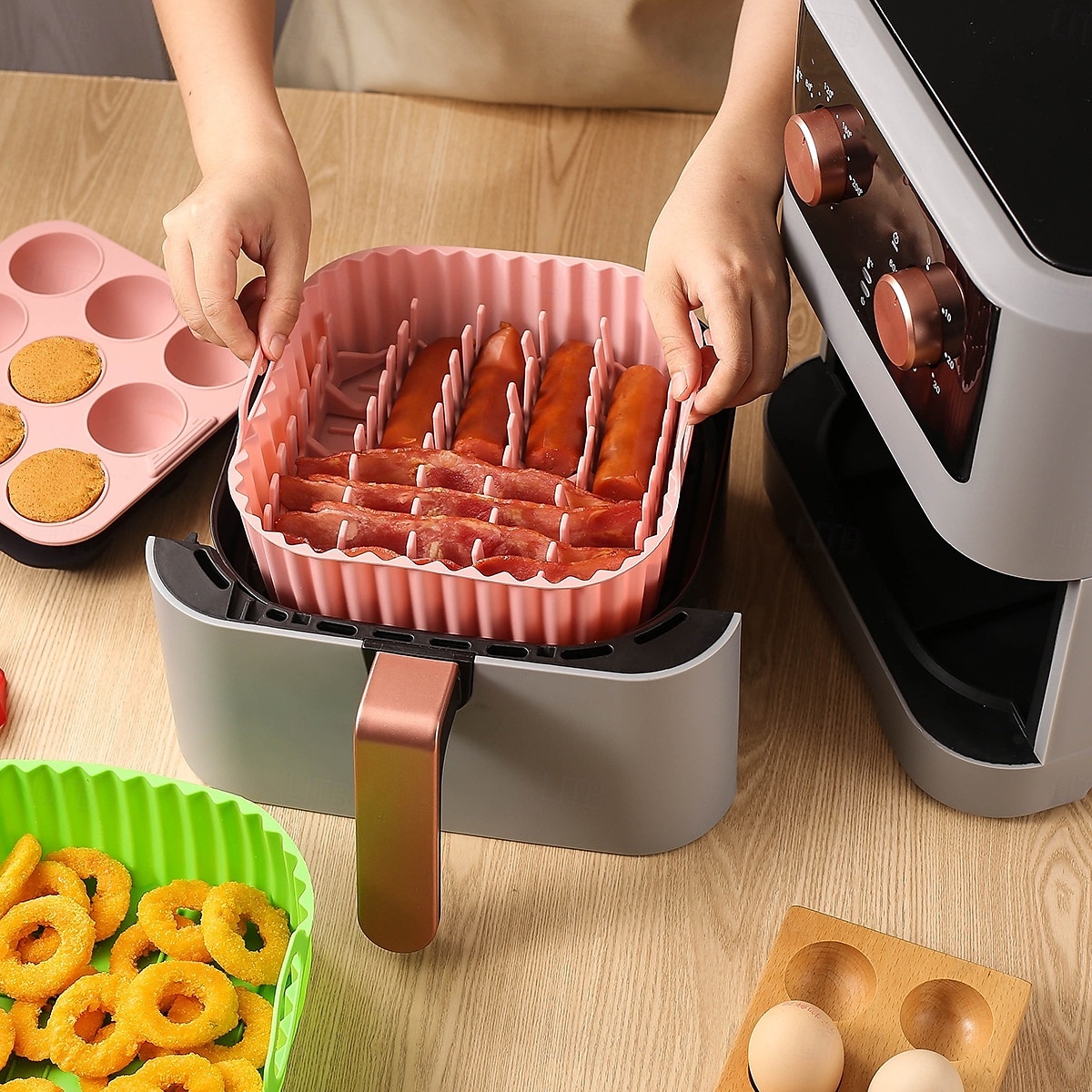 3pcs Reusable Silicone Air Fryer Liners Set Non-Stick Silicone Tray, Bacon Rack & 9-Cavity Mold for Eggs and Cupcakes Multi-Use Air Fryer Accessories 2025 - $20.99 –P9