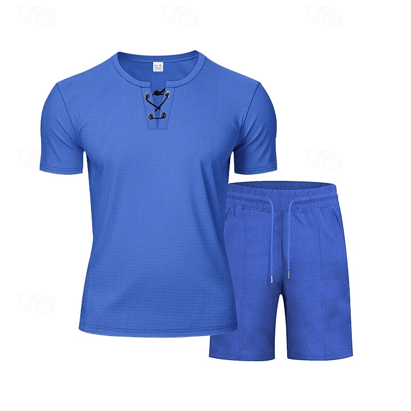 Per uomo Camicia a nido d'ape Completi T-shirt Outfit 2 pezzi Maglietta e pantaloncini Manica Corta Scollo a V Estate Semplice Moda Casual Allacciato 2 Pezzi Vacanza Abbigliamento quotidiano Uscire del 2025 a $28.99 –P4