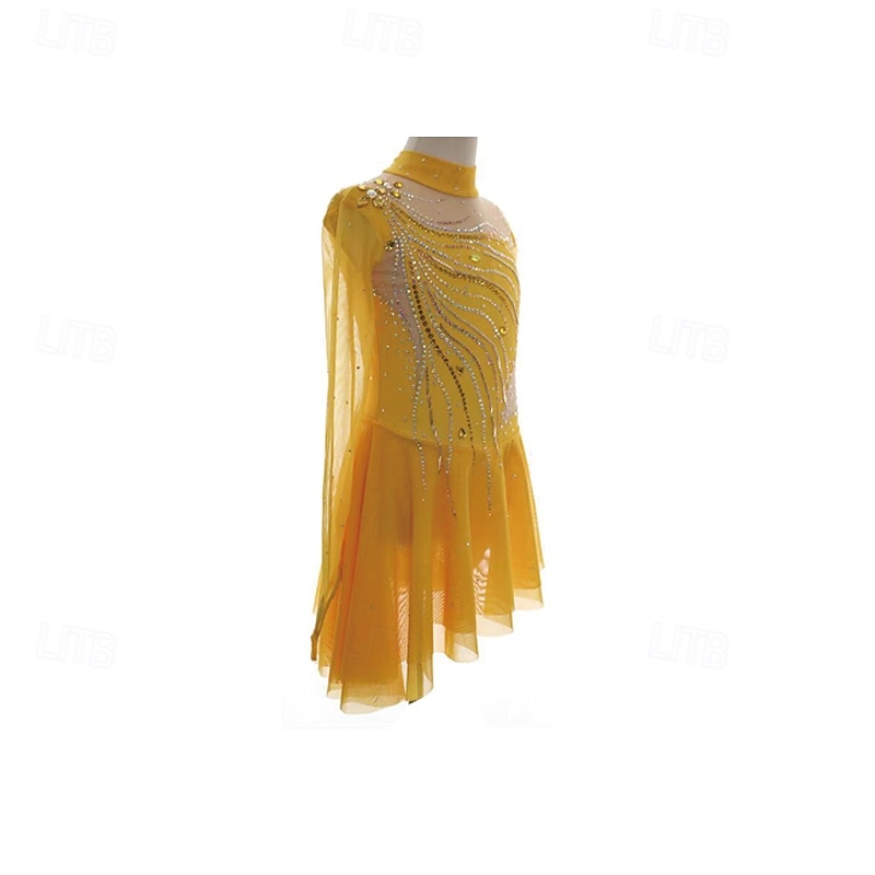 Figure Skating Dress Women's Girls' Ice Skating Dress Yellow Patchwork Thumbhole Mesh Spandex Stretchy Training Practice Professional Skating Wear Thermal Warm Crystal / Rhinestone Long Sleeve Ice 2026 - $244.09 –P4