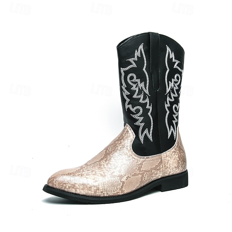 Homme Bottes Bottes de Cowboy Rétro Chaussures en Peau de Serpent Marche ancien Occasionnel Cuir PU Confortable Antidérapant Chaud Bottes Mi-Mollet Mocassin Marron Noir / Rose de 2025 ? $64.99 –P7