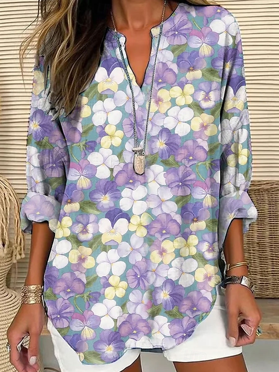 Femmes Chemisier Fleuri Graphique ancien Quotidien Élégant manche longue Col en V Hauts Réguliers Quotidien Fête Imprimé Blanche Violet Vert Été Printemps Automne de 2025 ? $24.99 –P3