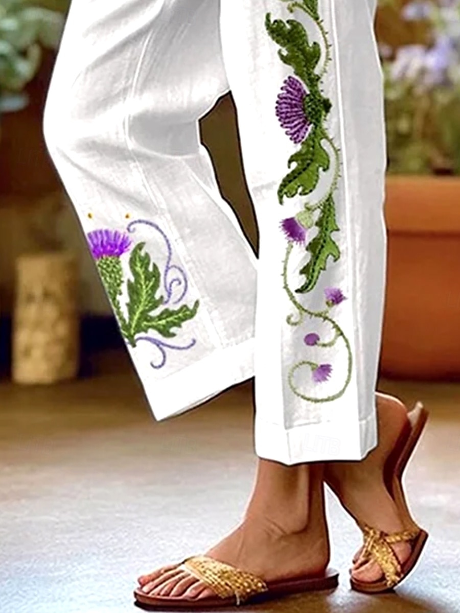 Dam Kinesiska Rak Semester Vintage Etnisk Stil Ankellång Hög midja Blommig Grafisk Broderad Ficka Tryck Mjuk Utomhus Andningsfunktion Oelastisk Semester Gata Casual Vit / Grön Sommar Vår Höst Lös 2025 - $32.99 –P3