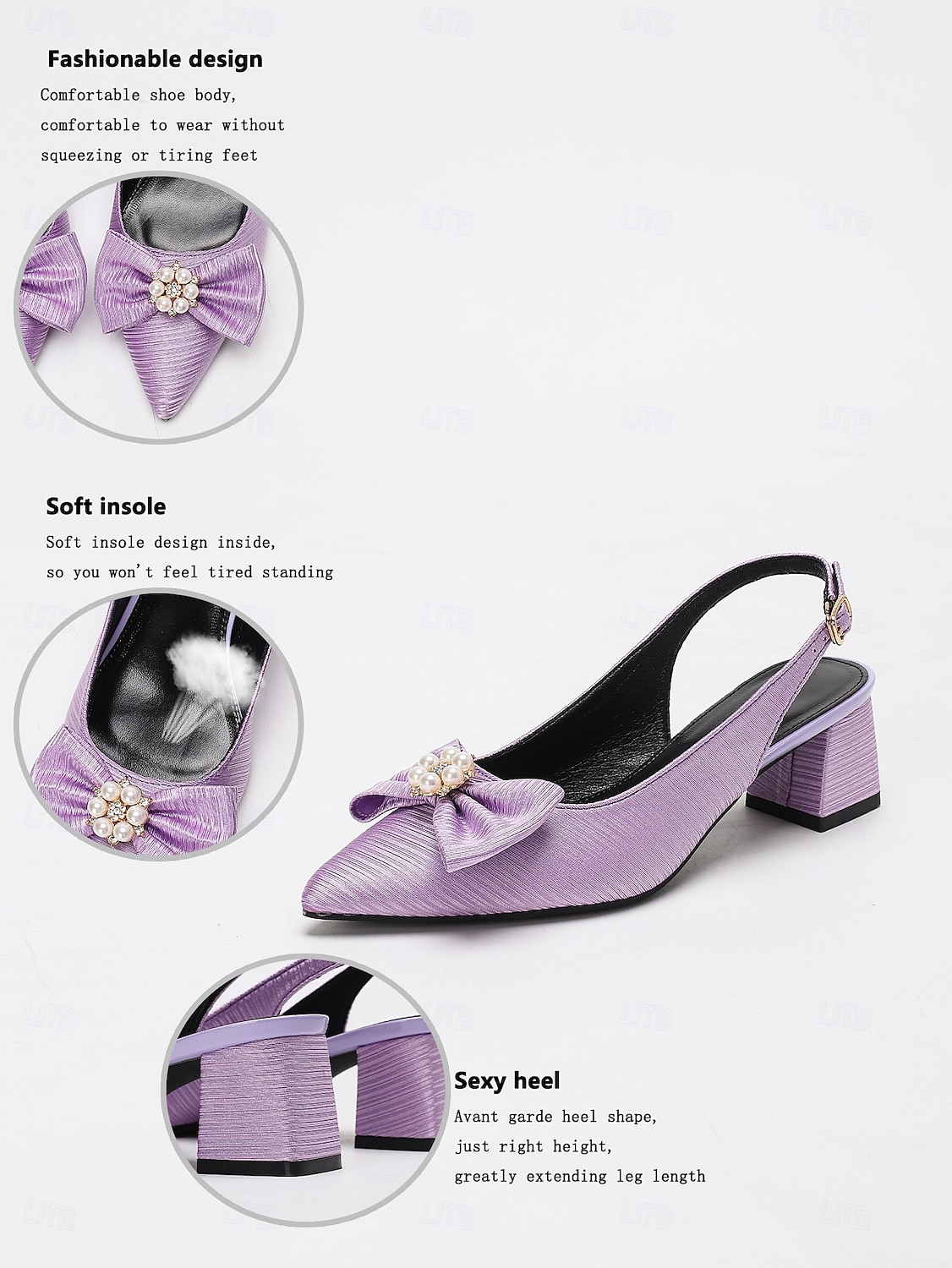 Women's Lavender Slingback Heels with Pearl Bow - Satin Textured 1950s Vintage Style Low Block Pumps for Weddings, Garden Parties, and Spring Outfits 2025 - $42.99 –P5