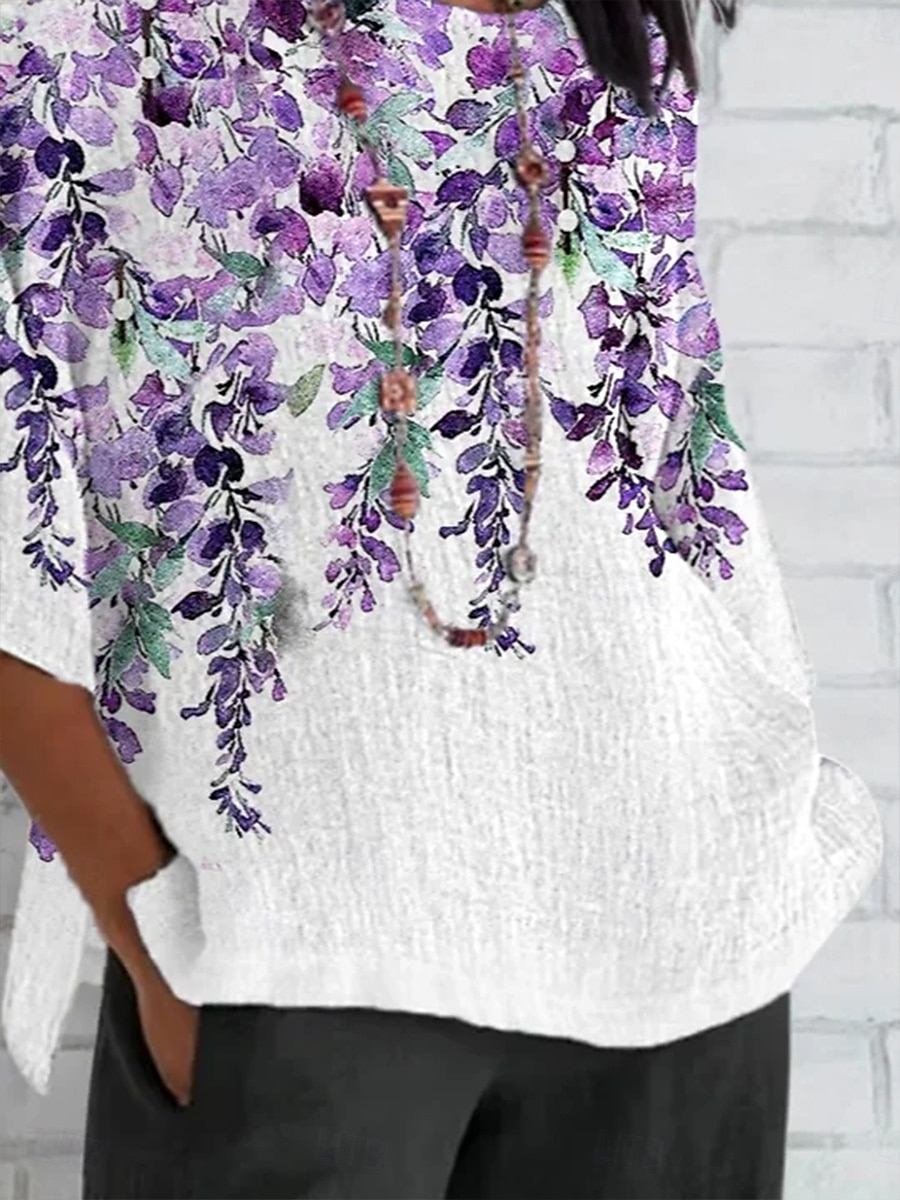 Per donna Maglietta Ombre Floreale Grafico Vintage Classico Casual Manica 3/4 Girocollo Top Regolari Quotidiano Weekend Abbigliamento mare Stampato Viola Estate Primavera Autunno del 2025 a $25.99 –P3