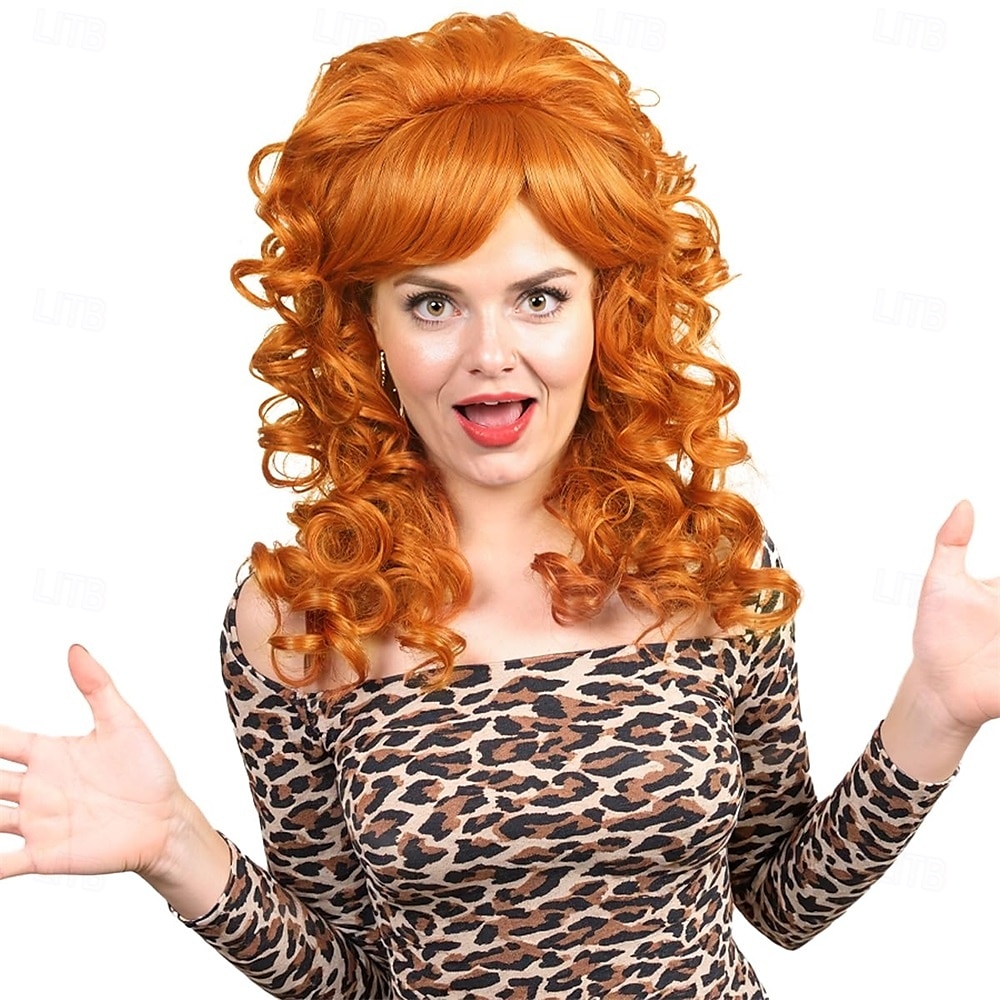 Dlouhá kudrnatá vintage cosplay paruka s ofinou pro ženy z 80. let, kostým královny 60. a 70. let na halloweenskou párty 2025 - $26.99 –P2