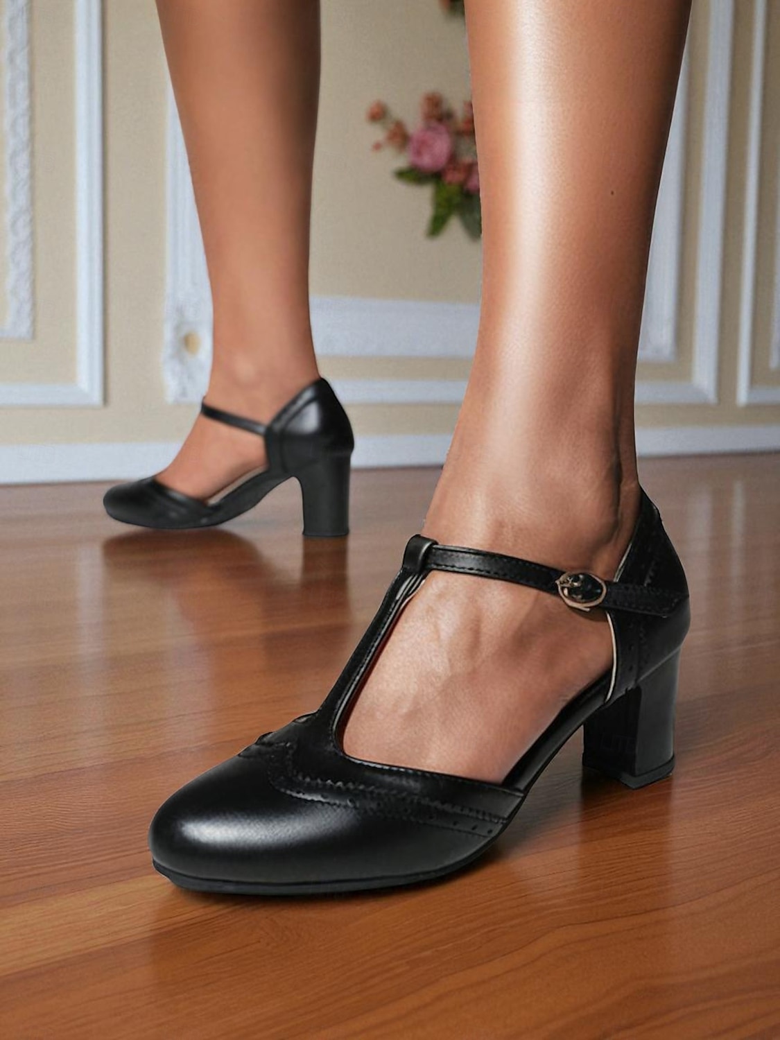Tocuri roz cu bareta în T pentru femei - pantofi retro cu toc mediu, detalii brogue și cataramă reglabilă pentru petreceri de ceai, ținute de zi cu zi și ținute inspirate din anii 1950 2025 - $42.99 –P1