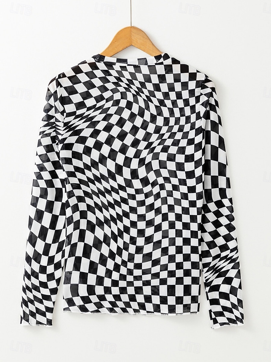 Damen Bluse Karomuster Stilvoll Lässig Langarm Rundhalsausschnitt Normale Oberteile Täglich Druck Schwarz Rosa Aprikose Sommer Frühling Herbst 2025 - $15.99 –P4