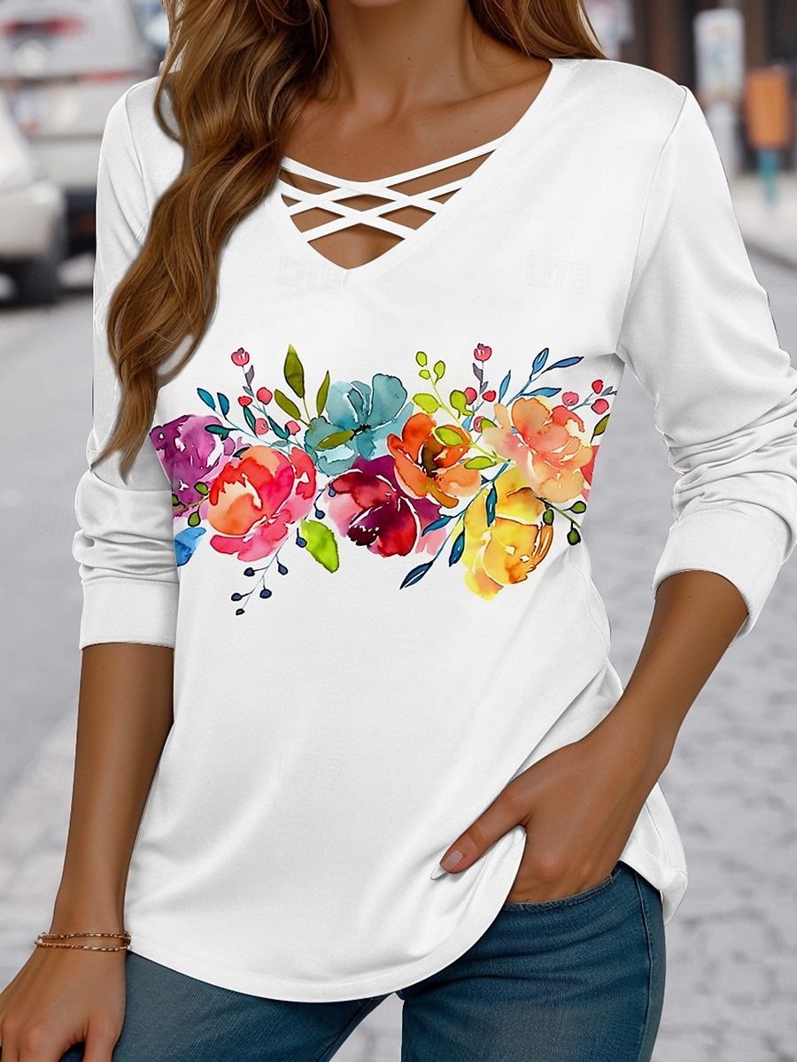 Femmes T-shirt Fleuri Graphique Plantes ancien Élégant Moderne manche longue Col en V Hauts Réguliers Quotidien Découpé Imprimé Rouge Bleu Violet Printemps Automne de 2025 ? $22.99 –P3