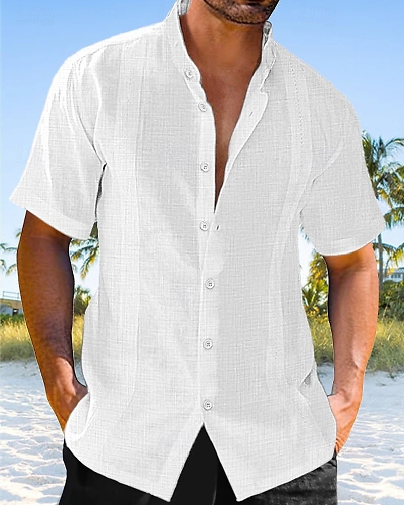 Herren Hemd Leinenhemd Freizeithemd Knopfhemd Baumwollhemd Einfach Urlaub Straße Schwarz Weiß Grün Aprikose Kurzarm Stehkragen Sommer Frühling Bekleidung Button-Down 2025 - $19.99 –P1