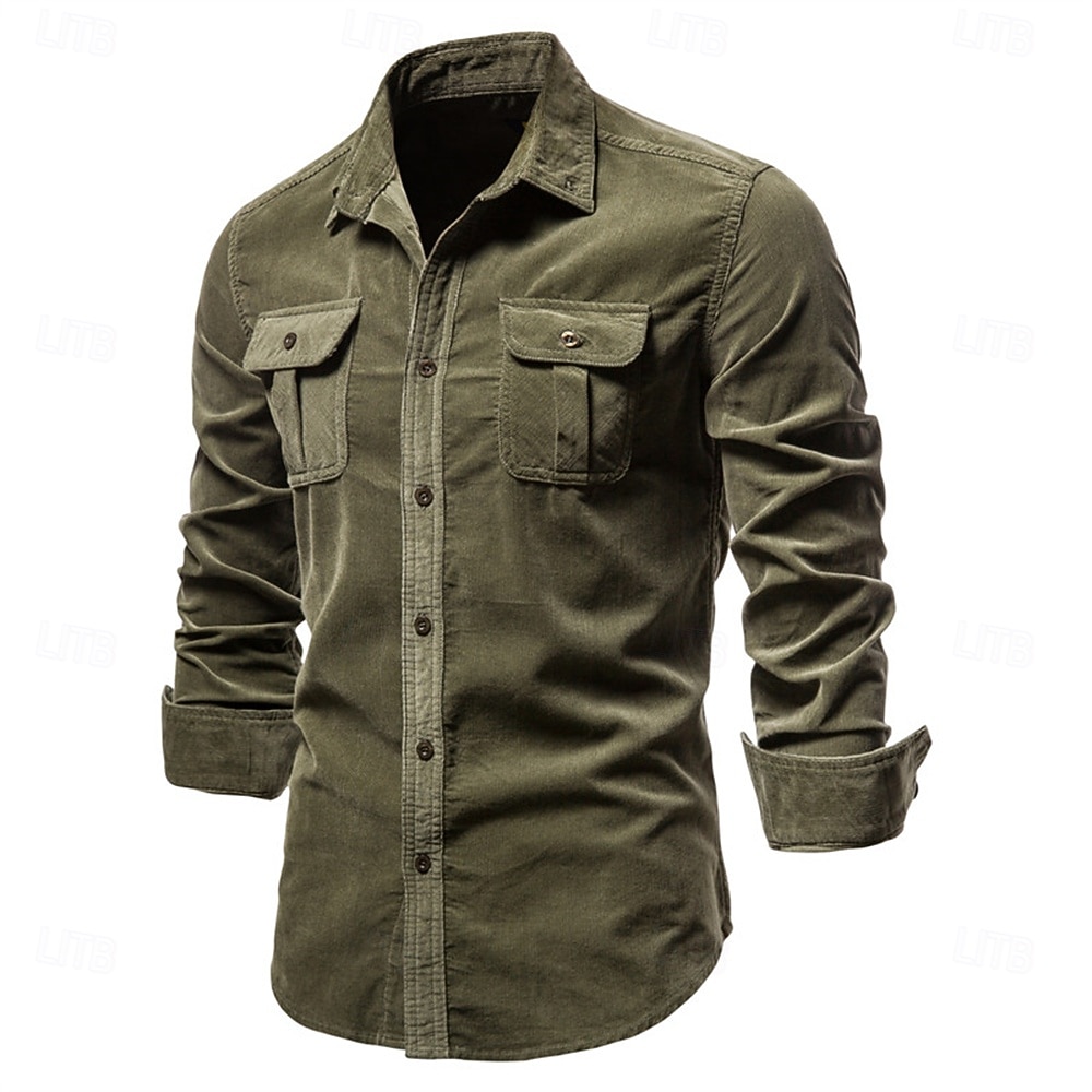 Voor heren Overhemd Normaal shirt Corduroyshirt Overhemd met knopen Spijkerbroekblauw Donker Marine Bruin Groen Grijs Lange mouw Effen Casual / Dagelijks Voorvak Kleding 100% katoen Casual 2025 - $29.99 –P6