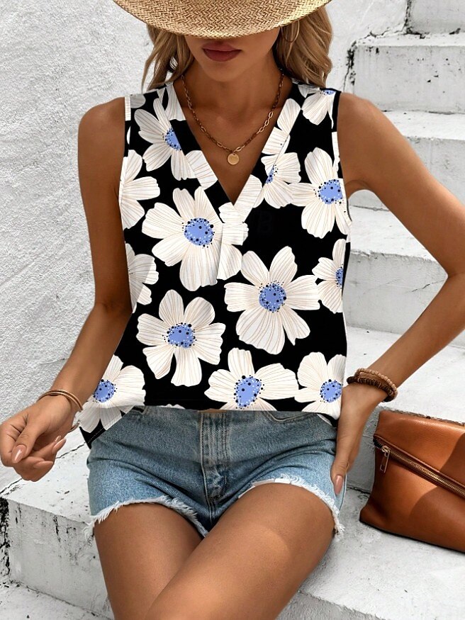 Dame Camisole Tank Top Blomstret Grafisk Geometrisk Elegant Årgang Tropisk Ermeløs V-hals Vanlige topper Daglig Trykt mønster Svart Oransje Grønn Beige Sommer Vår 2025 - $19.99 –P10