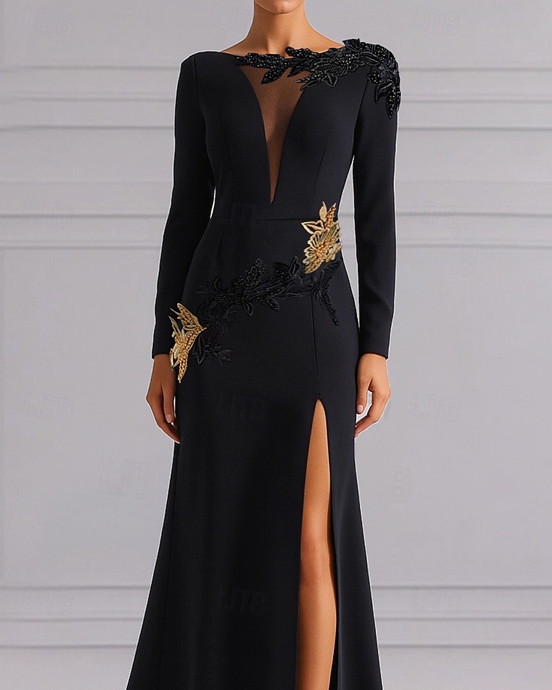 Schwarzes und goldenes A-Linien-Abendkleid, elegantes Kleid, formelles Smokingkleid, Hochzeitskleid, Schleppe, Langarm, V-Ausschnitt, Stretch-Krepp mit Paillettenstickerei 2025 2025 - $149.99 –P2