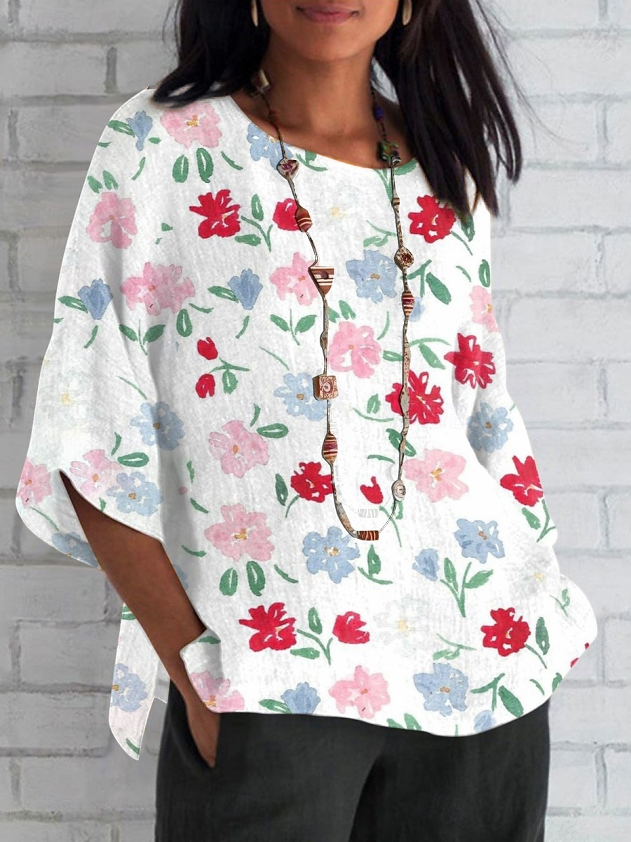 Damen Hemd Blumen Täglich Lässig Dreiviertelarm Rundhalsausschnitt Normale Oberteile Täglich Ferien Druck Weiß Blau Grün Sommer Frühling Herbst 2025 - $22.99 –P3
