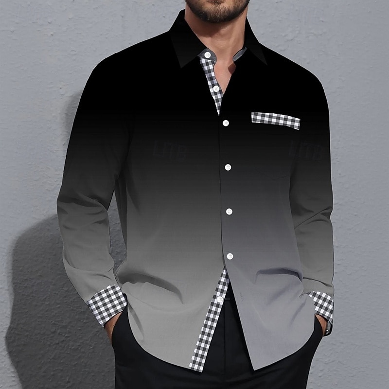 Herr Geometrisk Rutnät / Pläd Gradientfärg Skjorta Knapp upp skjorta Långärmad Mode Casual Semester Dagligen Streetwear Vår Höst Nedvikt 3D-utskrift krage skjortor Främre en ficka Svart 2025 - $25.99 –P1