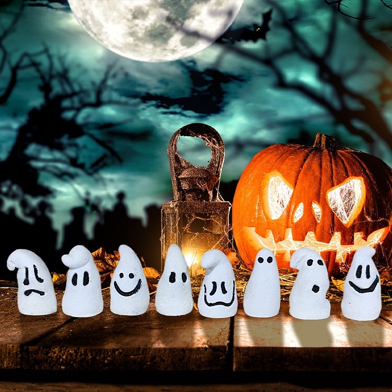 2025年 ハロウィーンの暗闇で光るミニゴーストフィギュア8個、ハロウィーン樹脂ゴーストデコレーション、不気味なシーン、パーティーデコレーション、お化け屋敷、卓上ホームディスプレイ用の光る白いゴーストオーナメント。  コレクション – $10.99 –P1