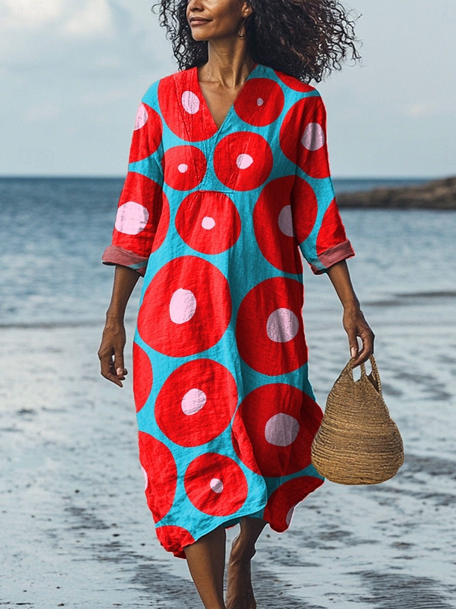 Dam Midi Klänning V-hals Lång ärm Kaftan Lätt Loose Fit A-linje Klänning Avslappnad Utgång Loose Fit Grafisk Geometrisk Lång ärm V-hals Mörkröd Gul Blå Grön Höst 2025 - $35.99 –P2