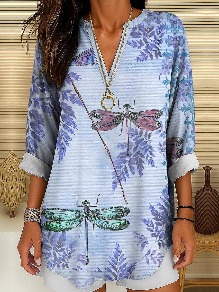 Femmes Chemisier Graphique Animal Libellule ancien Tropical Quotidien manche longue Col en V Hauts Longs Quotidien Fête Tenue de plage Imprimé Champagne Rose Claire Bleu Violet Vert Été Printemps de 2025 ? $24.99 –P5